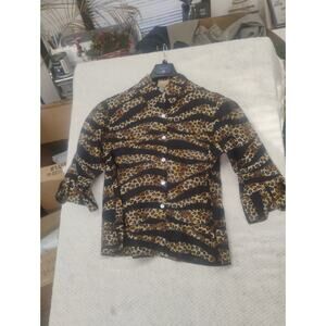 Vintage CHOICES Animal Print Linen Blouse Womens Medium Leopard Cheetah Earthy